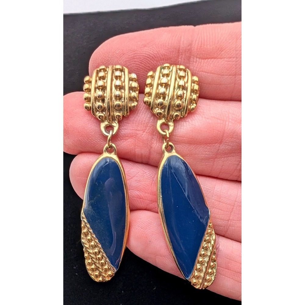 Vintage Gold Tone Blue Enamel Drop Dangle Earrings Textured Statement Jewelry